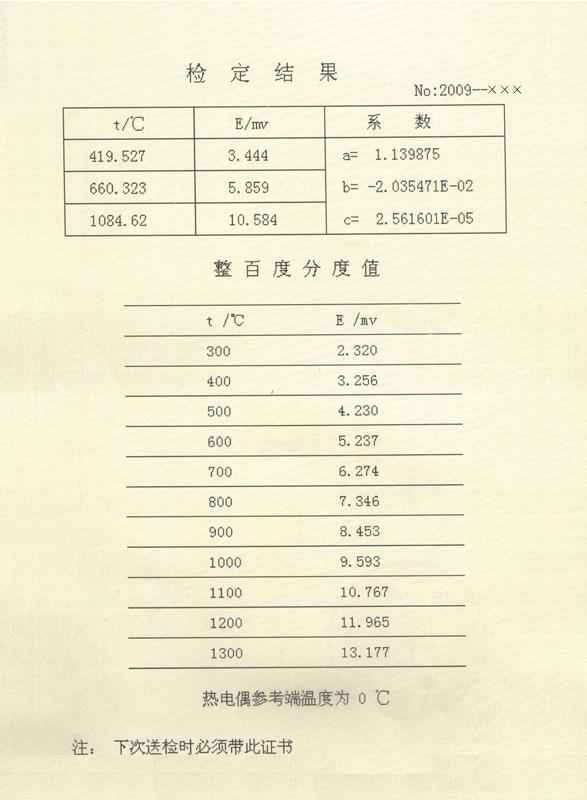 標準鉑銠10-鉑熱電偶檢定證書背面格式