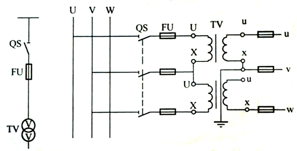 兩個單相電壓互感器V/V接線