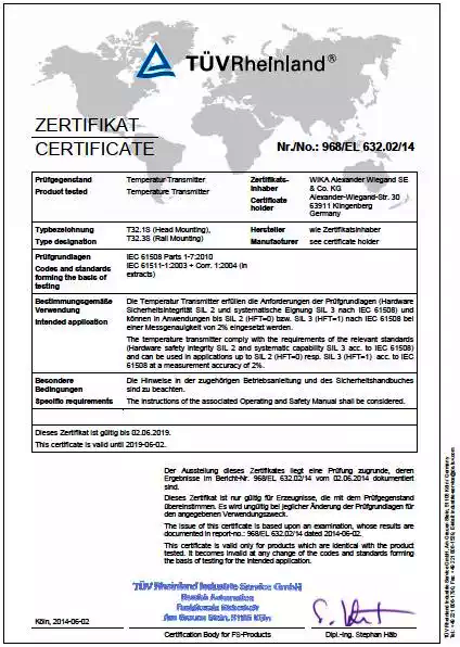 TüV頒發給WIKA溫度變送器的FS證書