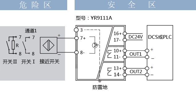 YR9111-EX 和YR9116-EX 開關量安全柵接線圖