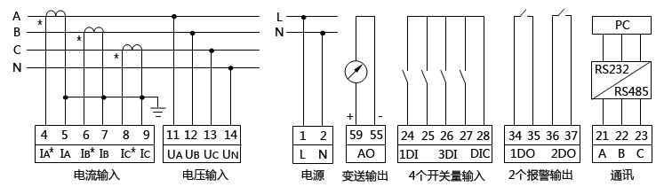 三相四線低壓系統有功功率表接線圖