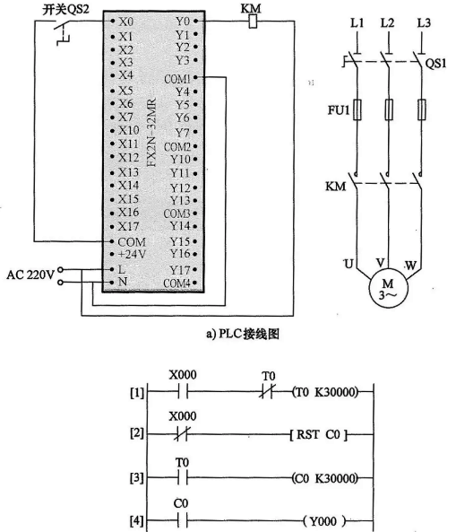 定時器與計時器組合延長定時控制的PLC線路與梯形圖