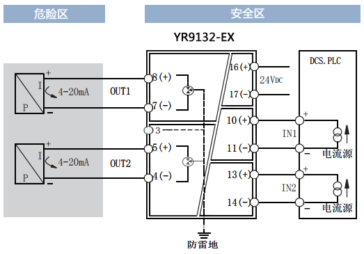 YR9132-EX操作端隔離安全柵接線圖