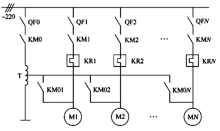 PLC自耦變壓器控制多臺電動機(jī)主電路圖