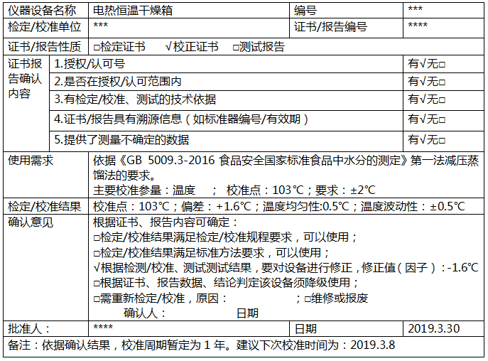 電熱恒溫干燥箱校準確認記錄