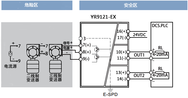 一進二出檢測端隔離安全柵接線圖